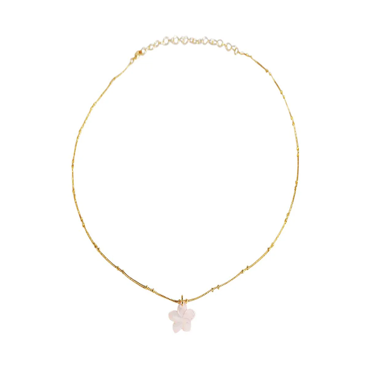 16in Gold Beaded Chain Necklace, MOP Pink Plumeria