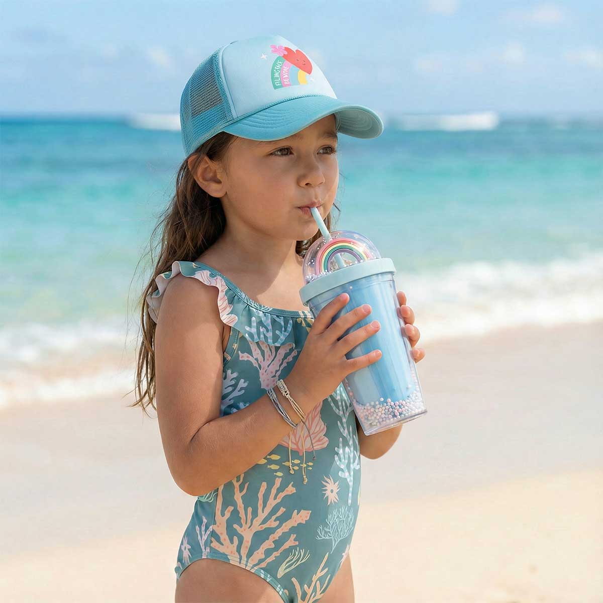 Blue Plastic Cup with Rainbow Lid and Straw - Image 2