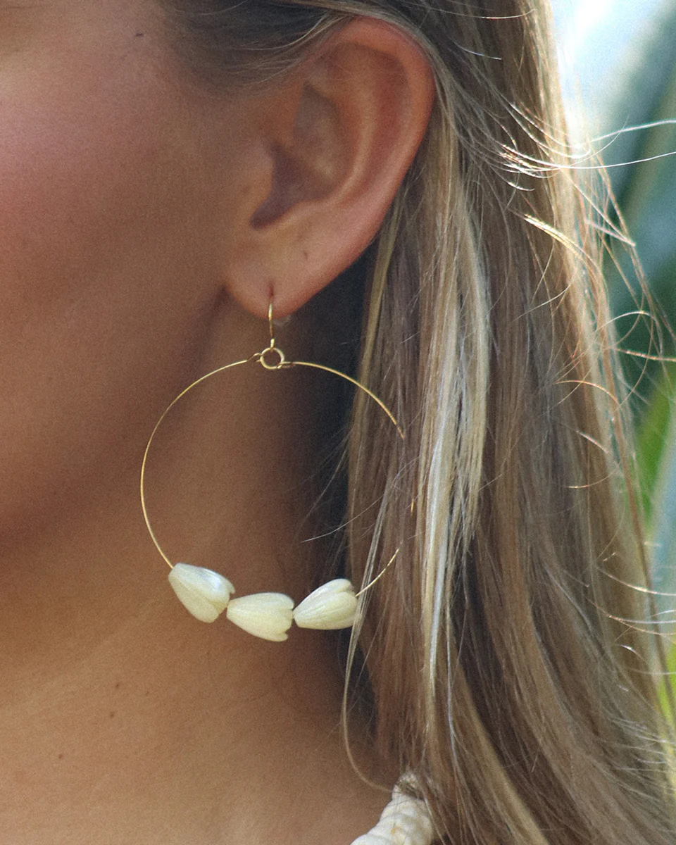 Gold Tear Drop Earrings, MOP Pikake - Image 2