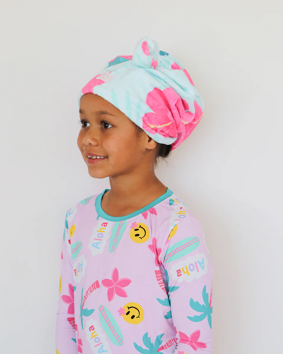 Hibiscus on Aqua Microfiber Hair Wrap - Image 2