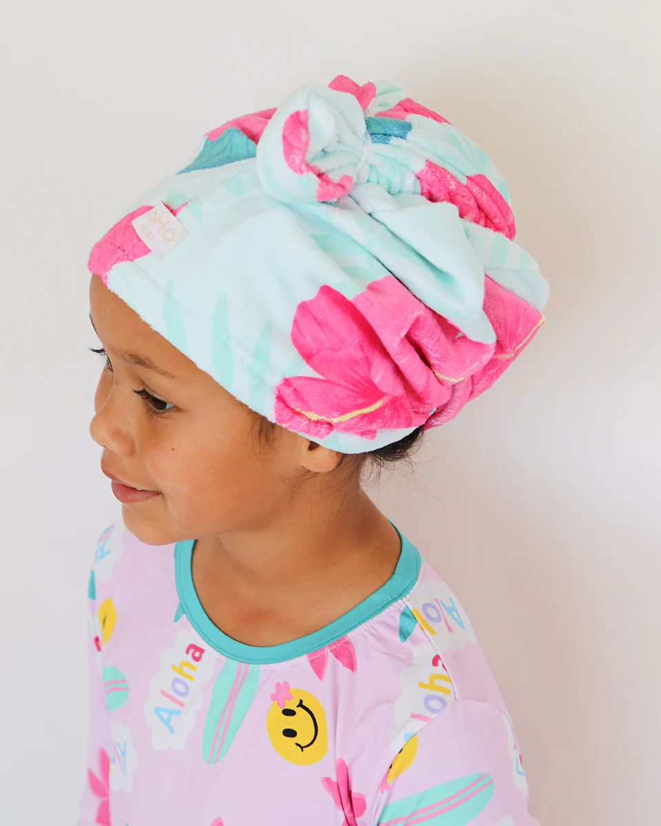 Hibiscus on Aqua Microfiber Hair Wrap - Image 3