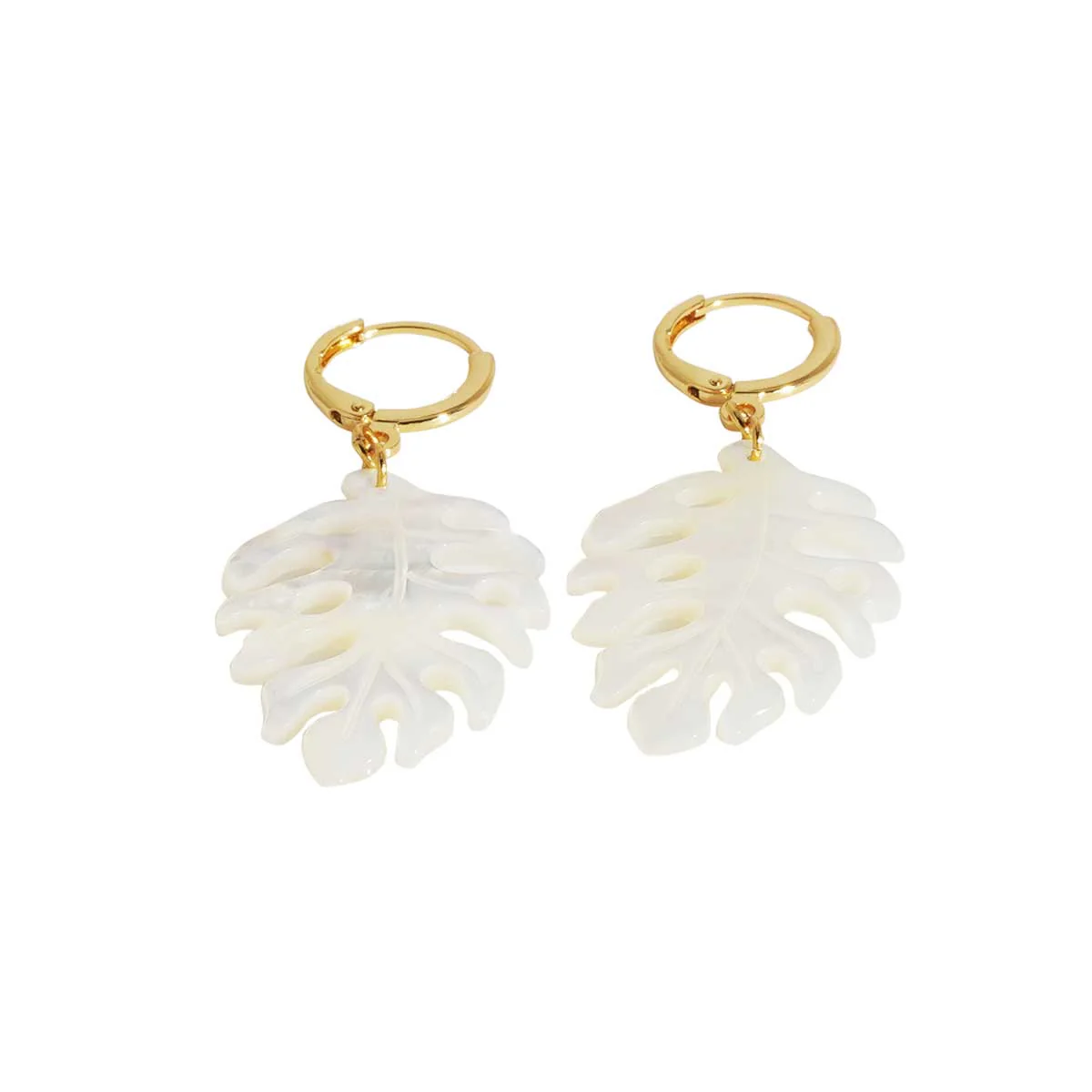 Hoop Monstera Drop Earrings, Mother of Pearl White Lōʻihi