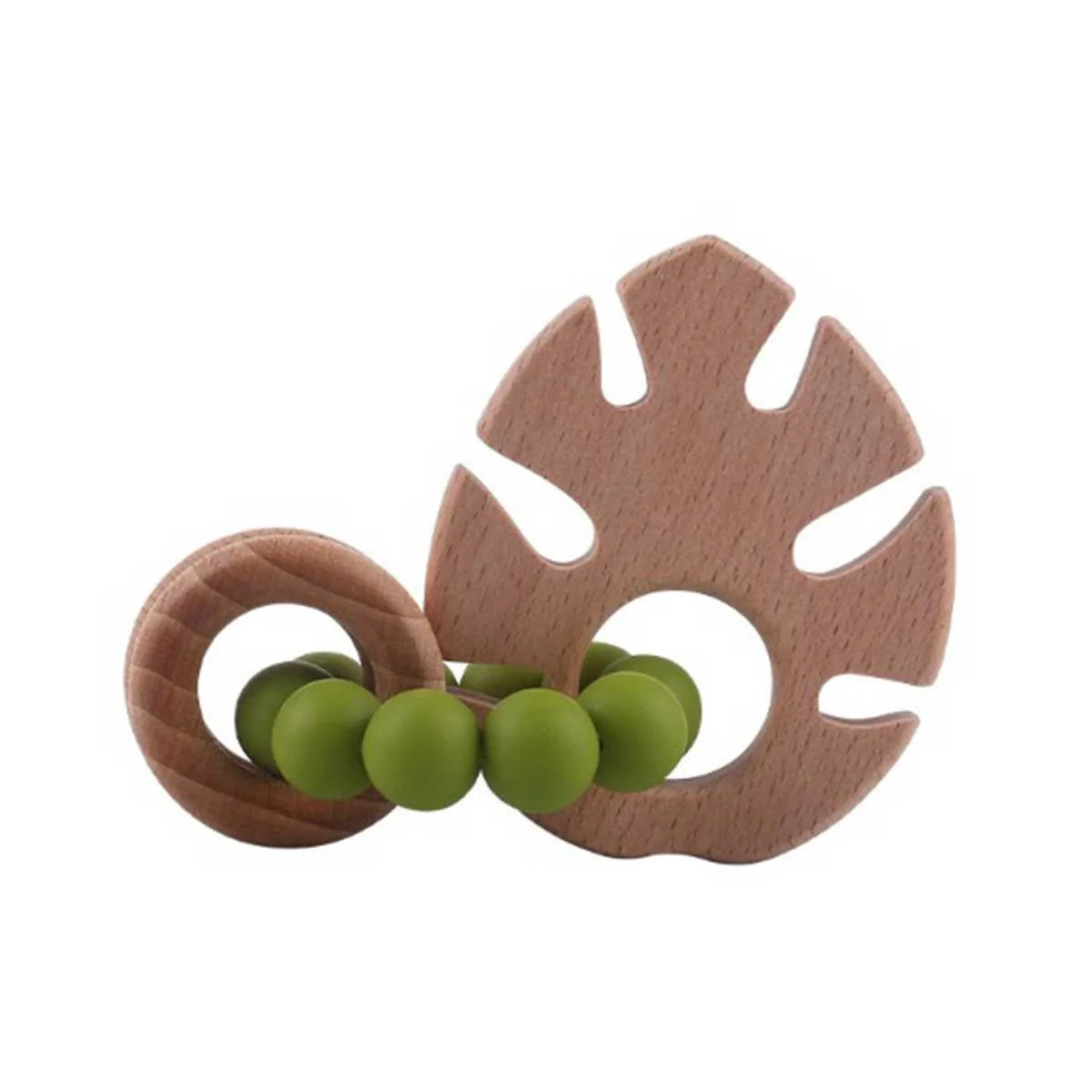 Monstera Shape Silicone Beads Wooden Teether, Green