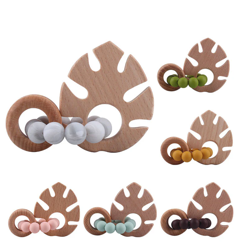 Monstera Shape Silicone Beads Wooden Teether, Green - Image 2