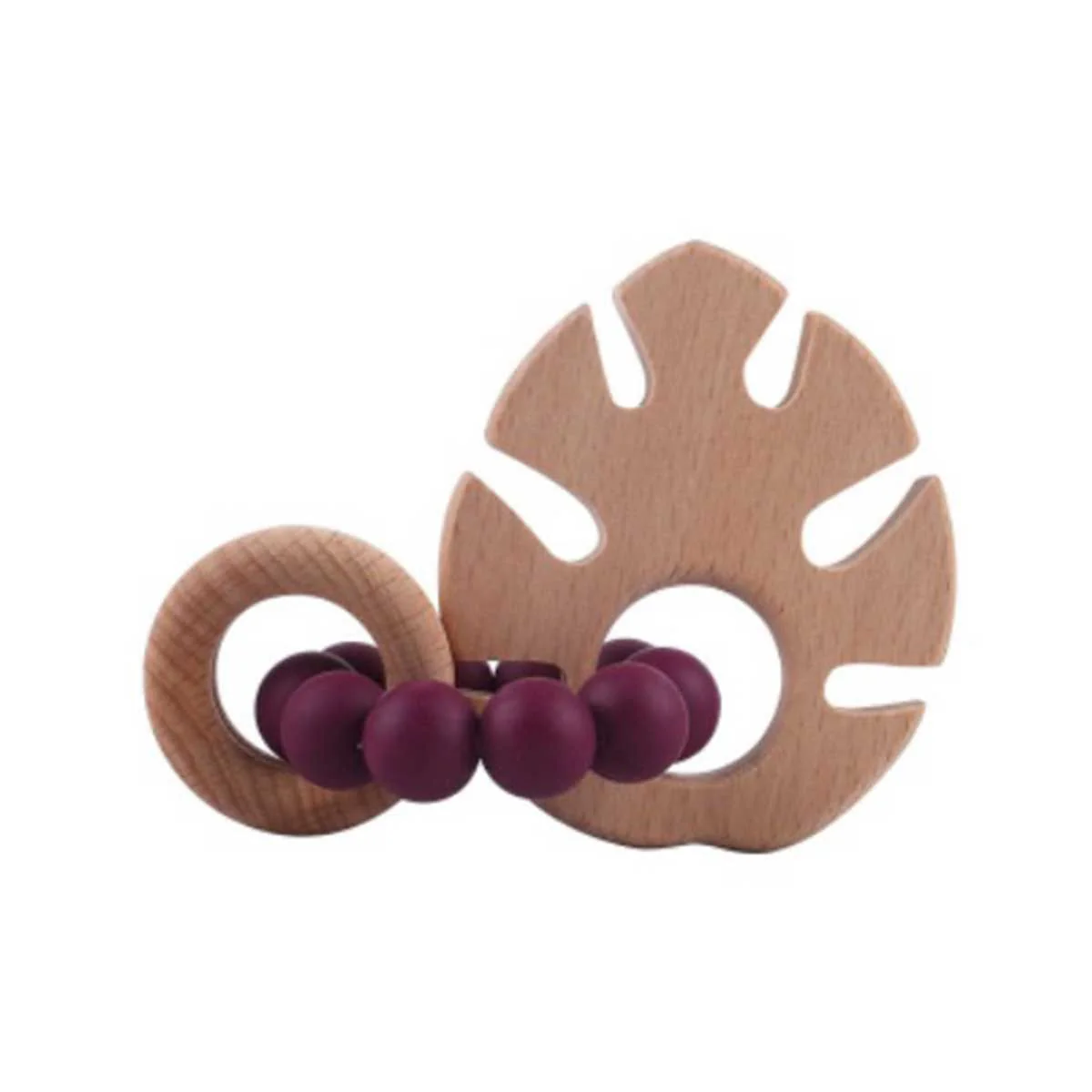 *Monstera Shape Silicone Beads Wooden Teether, Purple