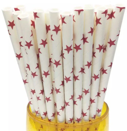 *Paper Straw Pack of 25, White with Red Stars