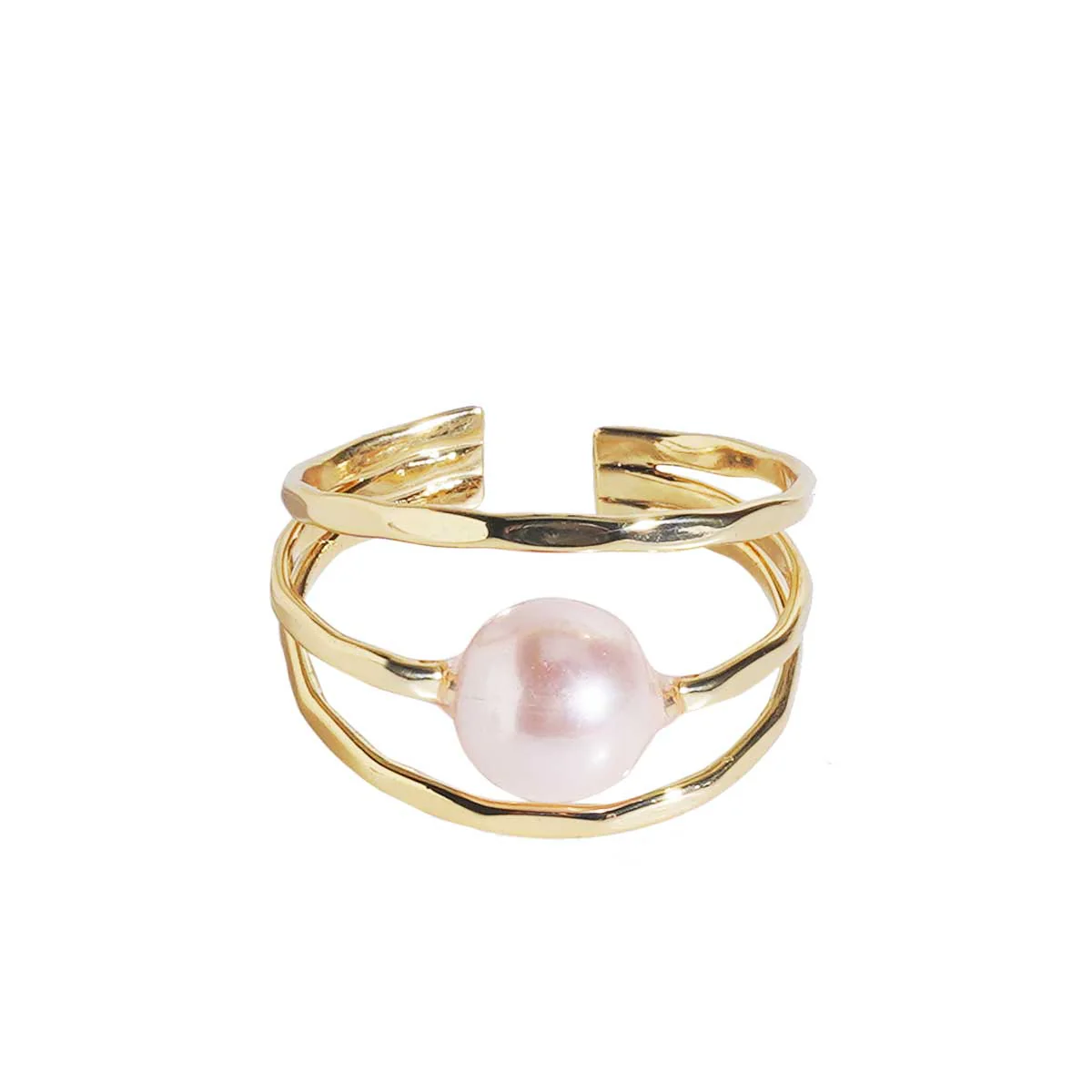 Pink Pearl Triple Strand Hammer Ring, Gold