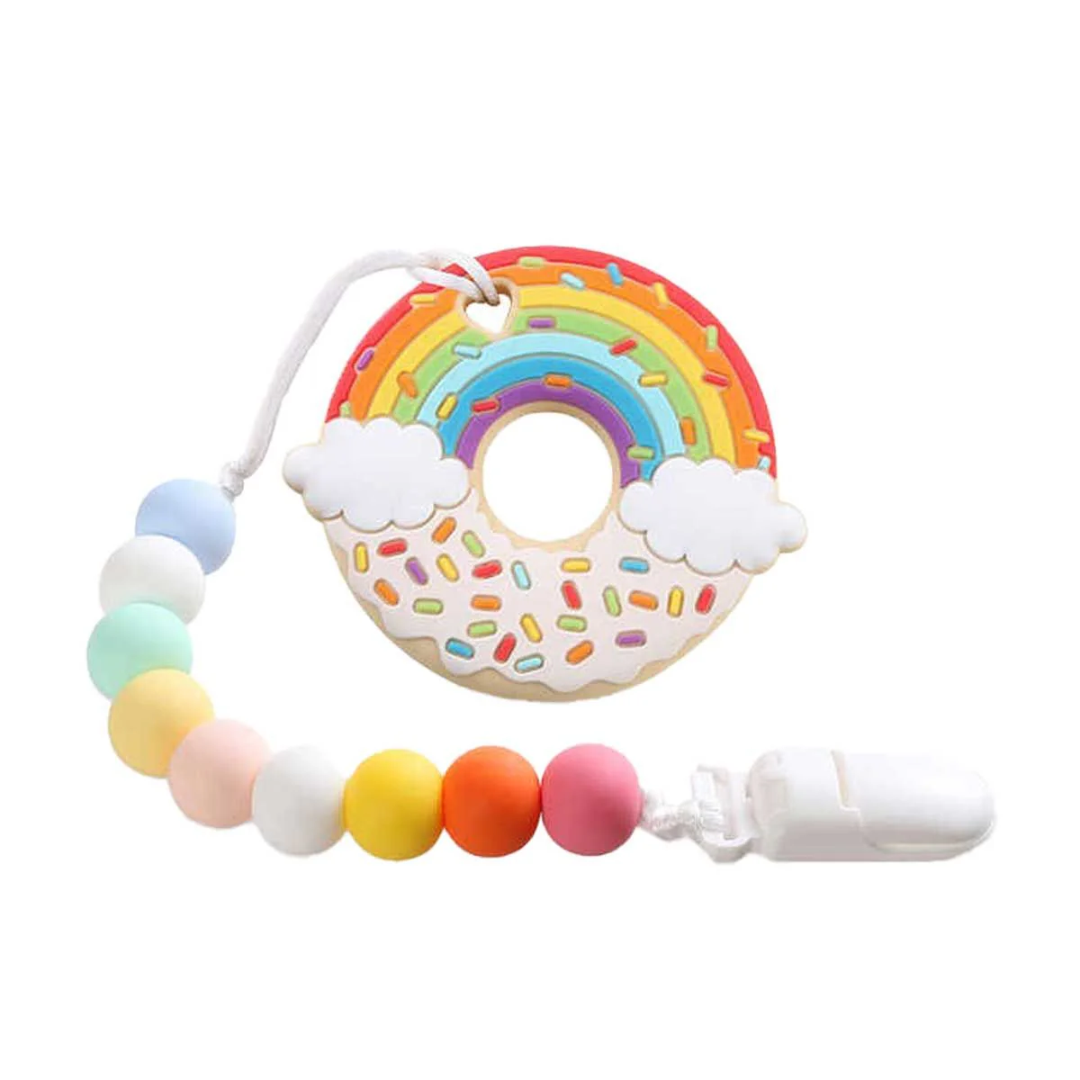 Rainbow Donut Shape Silicone Teether with Pacifier Holder