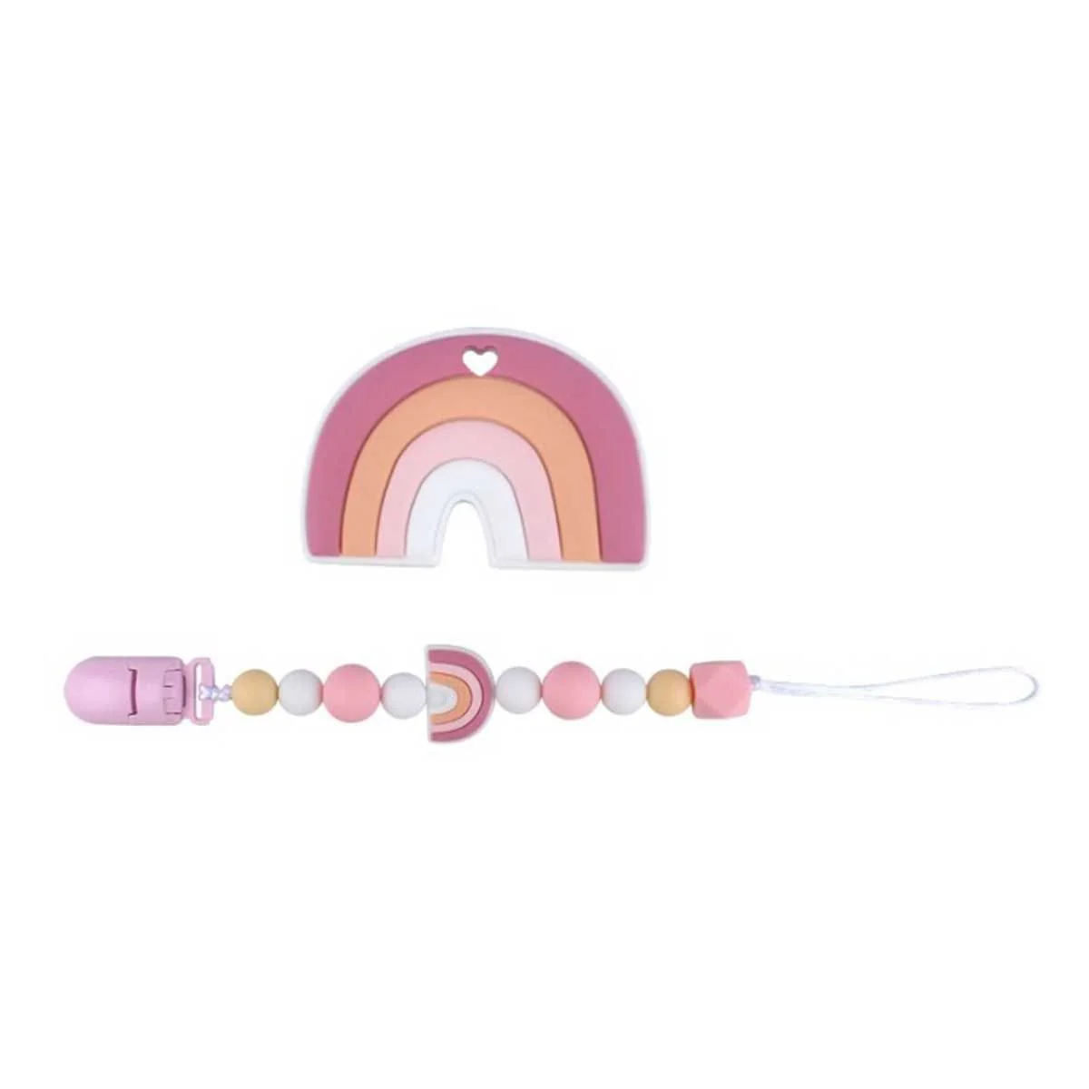 Rainbow Shape Silicone Teether with Pacifier Holder, Pastel Pink