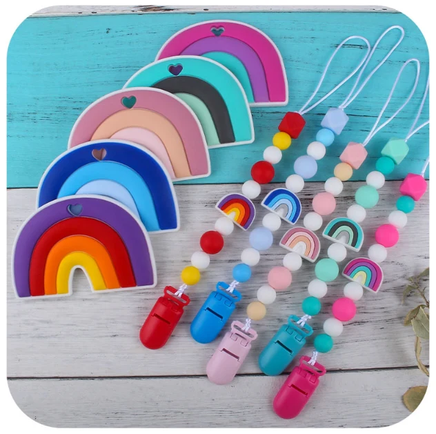 Rainbow Shape Silicone Teether with Pacifier Holder, Pastel Pink - Image 2