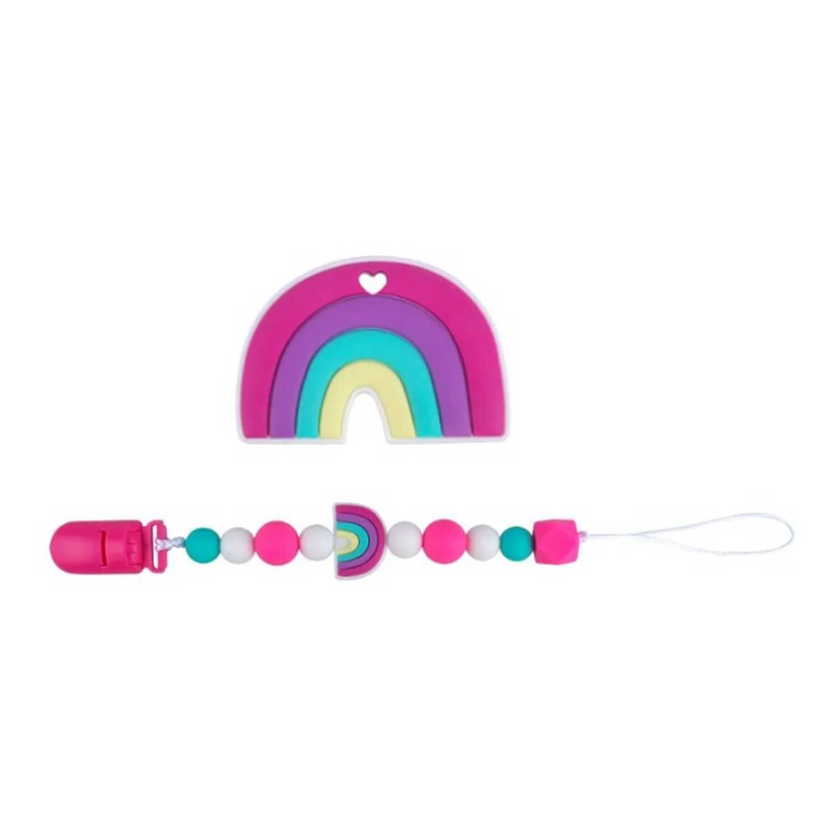 Rainbow Shape Silicone Teether with Pacifier Holder, Pink