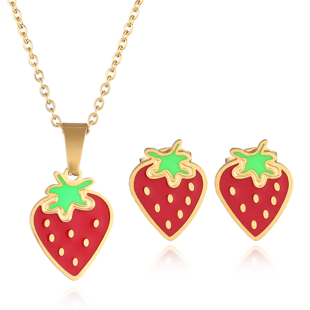 Strawberries Necklace and Earrings Set, Red