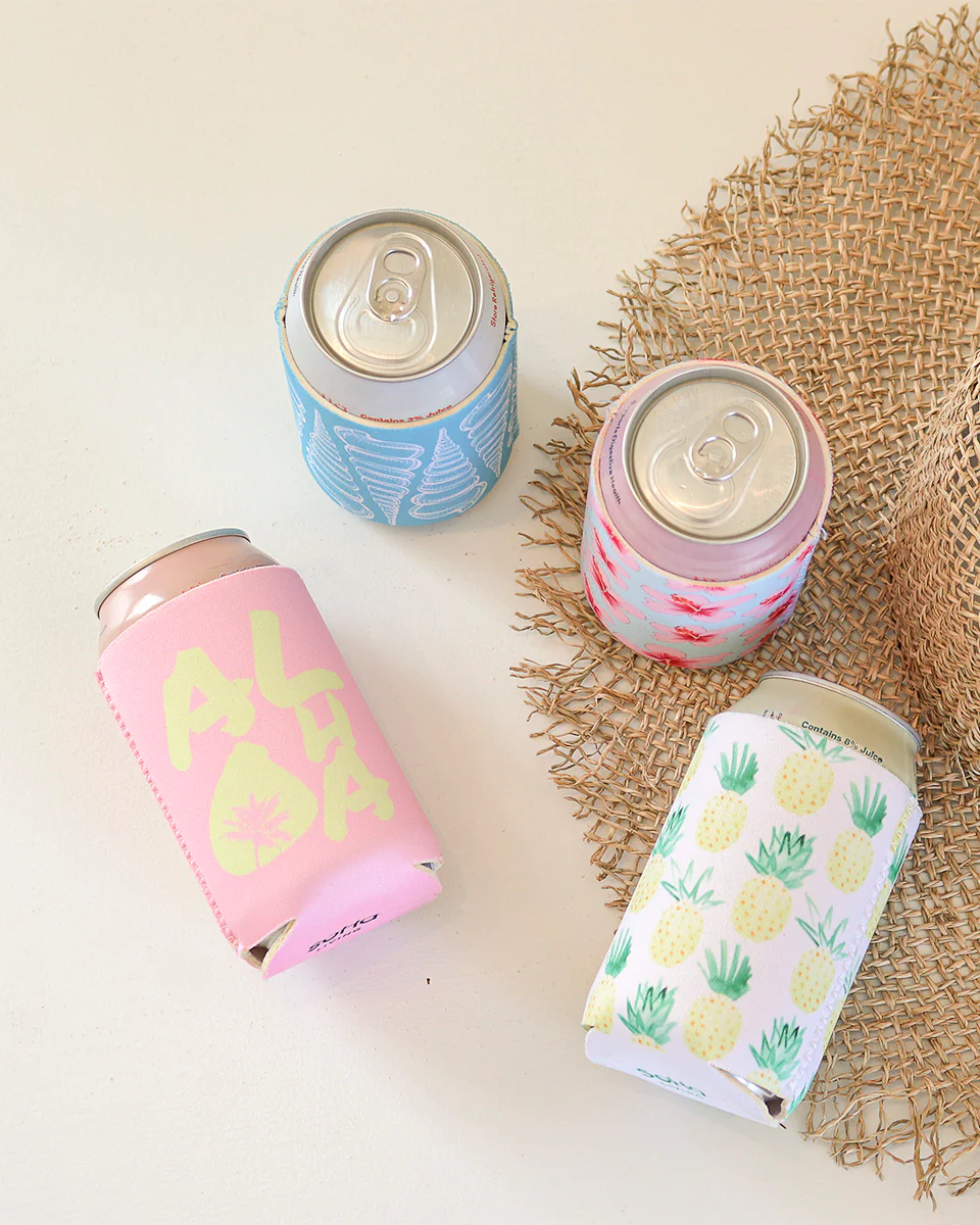 Yellow Aloha Palms on Pink Can Cooler - Image 2